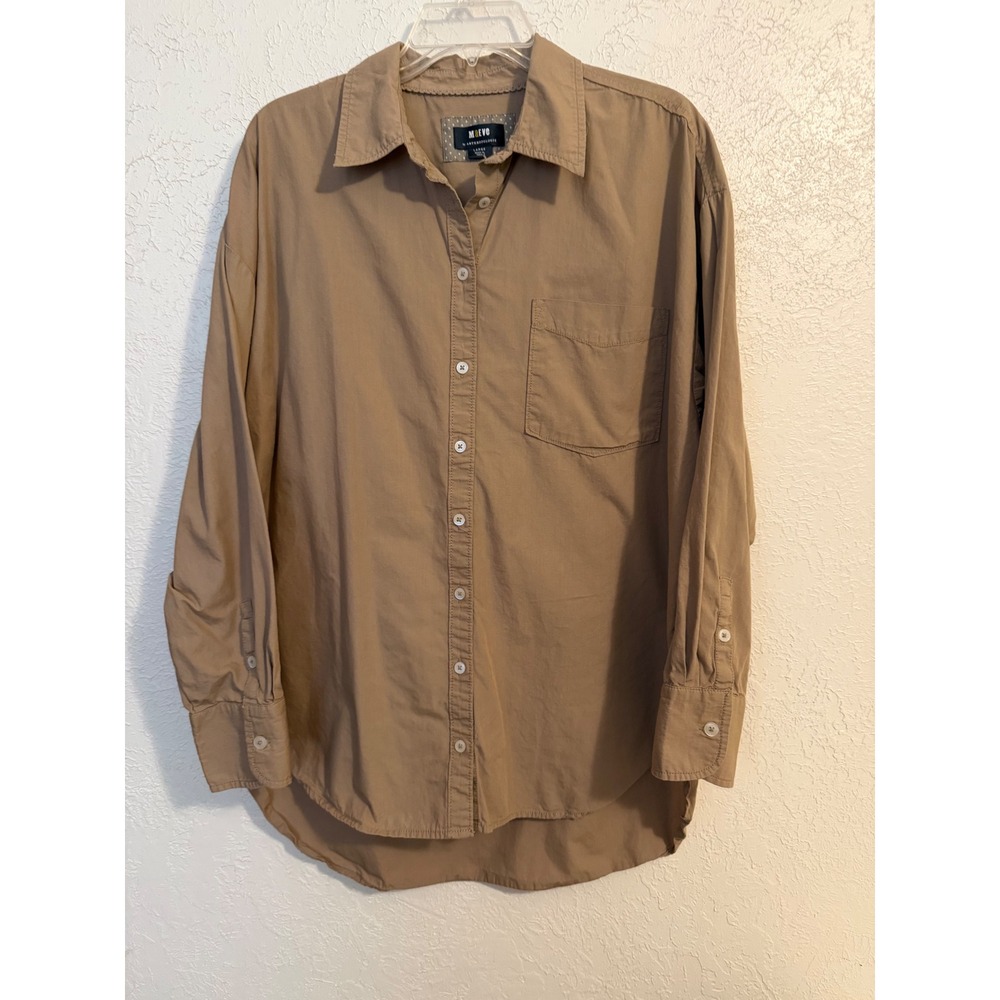 Maeve by Anthropologie Tan Khaki Button Down Shirt Long Sleeve Large High Low
